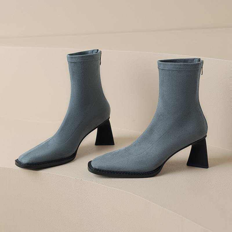 Krazing Pot Зимние эластичные ботинки из флока с квадратным носком на толстом высоком каблуке и молнии, женские ботильоны из натуральной кожи Stovepipe