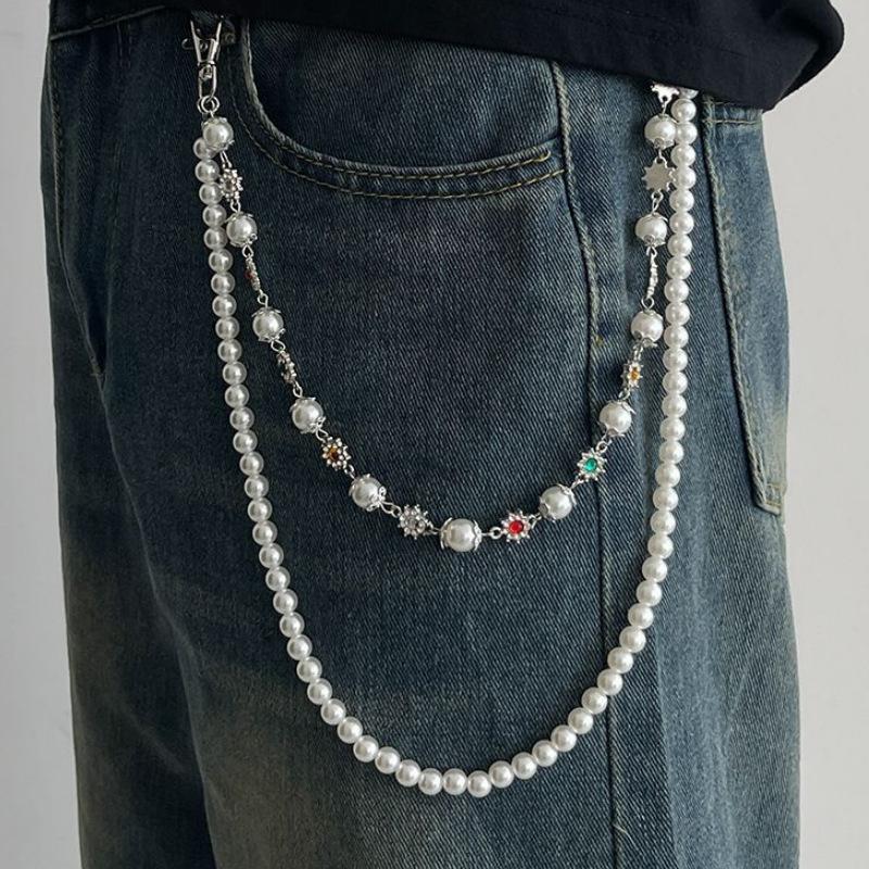 Multi functional, C letter, strawberry cherry, bag hanging keychain, pearl rhinestone, waist chain, pants chain, double chain