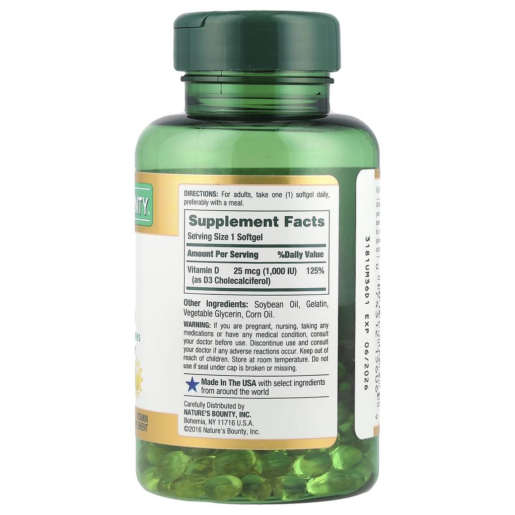 Nature'S Bounty, Vitamin D3, 25Mcg(1,000Iu), 250 Softgels