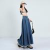 Hong Kong Retro Literary Denim Midi Skirt: Spring/Summer 2025 High-Waist A-Line with Big Swing.