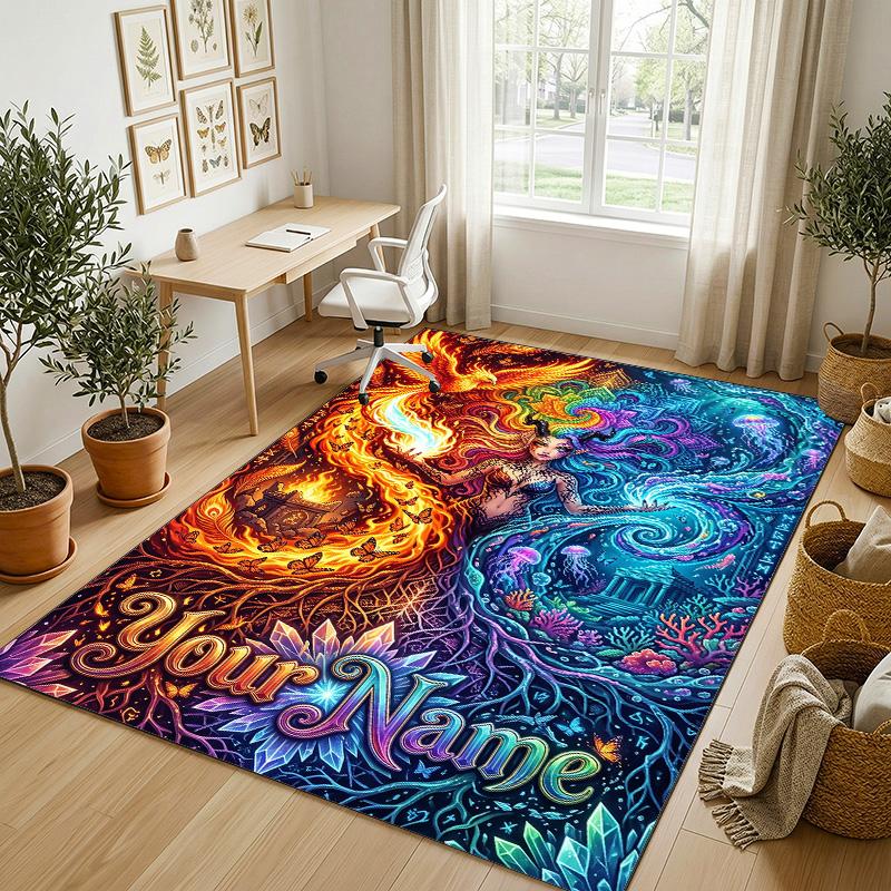 Dragon Phoenix Theme Crystal Velvet Rug Personalized Custom Name Text Soft Floor Mat Home Decor