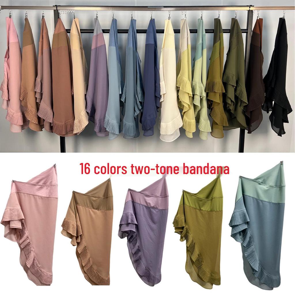 Muslim Women's Double Layer Chiffon Hijab - Pleated Edge Color Block Pullover
