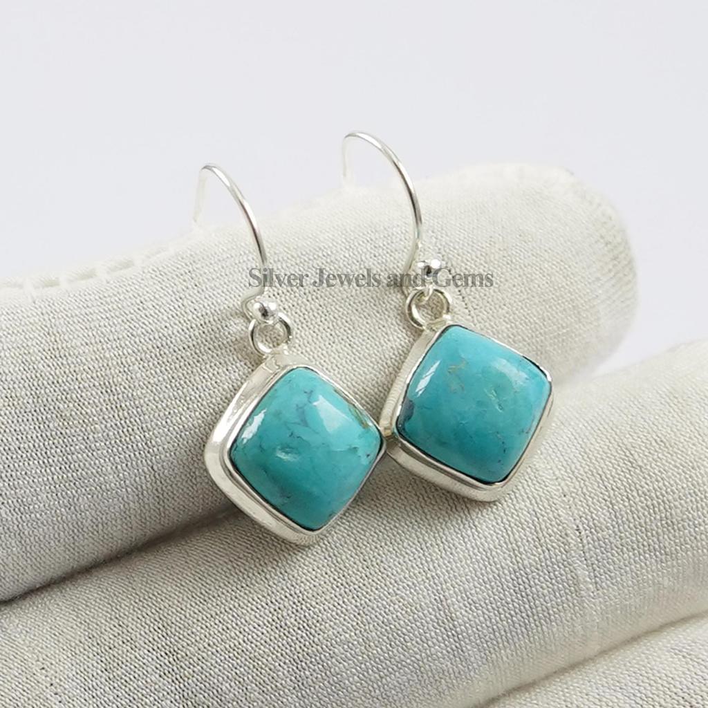 Kingman Turquoise Earrings, 925 Sterling Silver Ring, Square Earring, Handmade Earrings, Blue Gemstone Earring, Gift for Mother