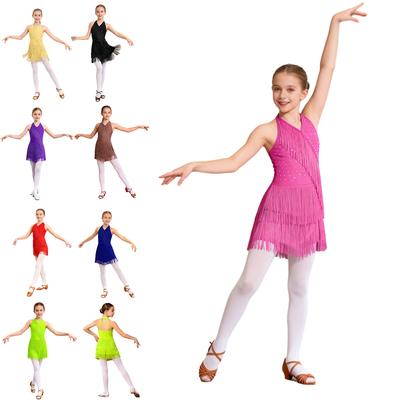 Детское платье для девочек, латиноамериканский купальник, танцевальный костюм, стразы, бахрома, боди, юбка, платье, халтер, V-образный вырез, без рукавов, комбинезон с кисточками