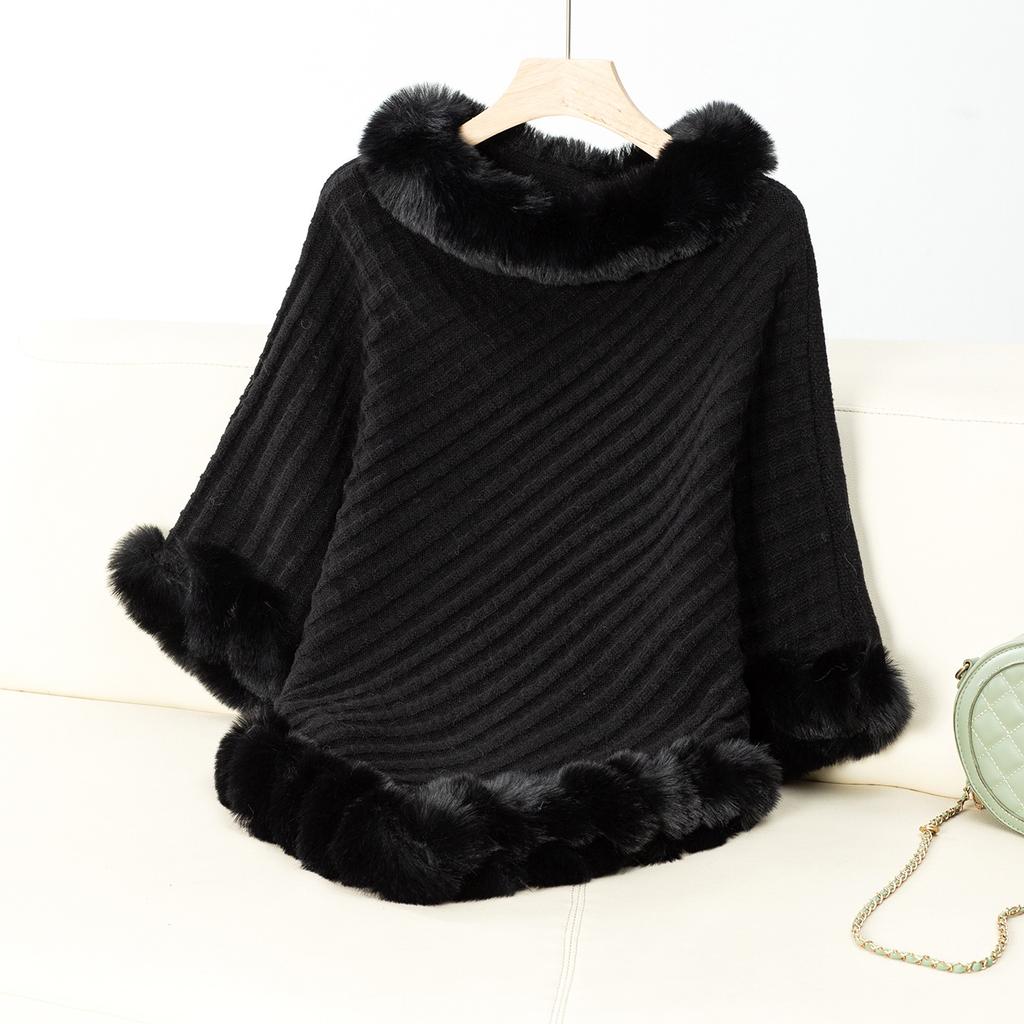 Casual Poncho for Women Solid Color Shawl Wrap Cape with Faux Fur Trim Winter Sleeveless Cloak Coat Womens Warm Pullover Luxury Knitted Sweater Poncho