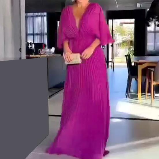 Women Evening Dress Dolman Sleeves Pleated V Neck Pure Color High Slim Waist Full Length