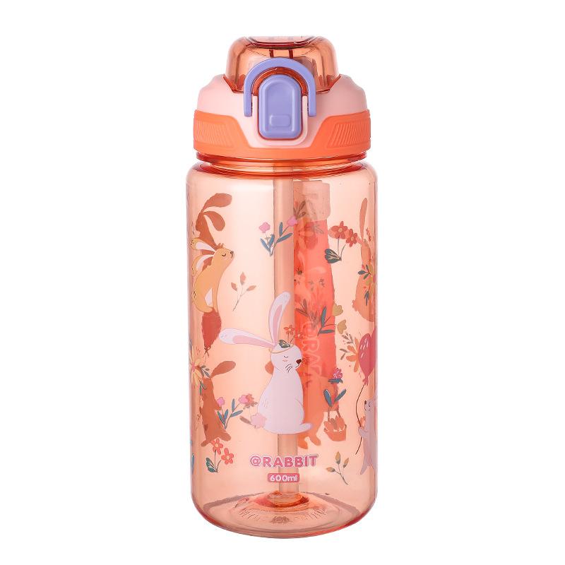 600ml Cartoon Water Bottle Equipped With Straw Portable Kids Water Sippy Cup Leakproof Plastic Water Bottles Summer Travel Kids Water  Practical Use