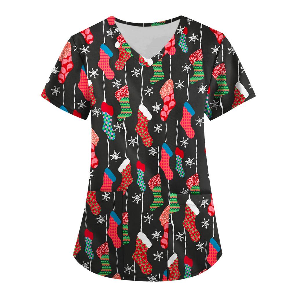 Женские топы с коротким рукавом и v-образным вырезом, рождественские топы с мультяшным рисунком, рабочие футболки с карманами, непозиционирующийся принт