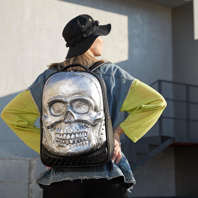 Jierotyx Silver Skull Head Backpack for Women and Men Gothic Cracked Rivets Studded Cool Laptop Backpack Large College Bookbag