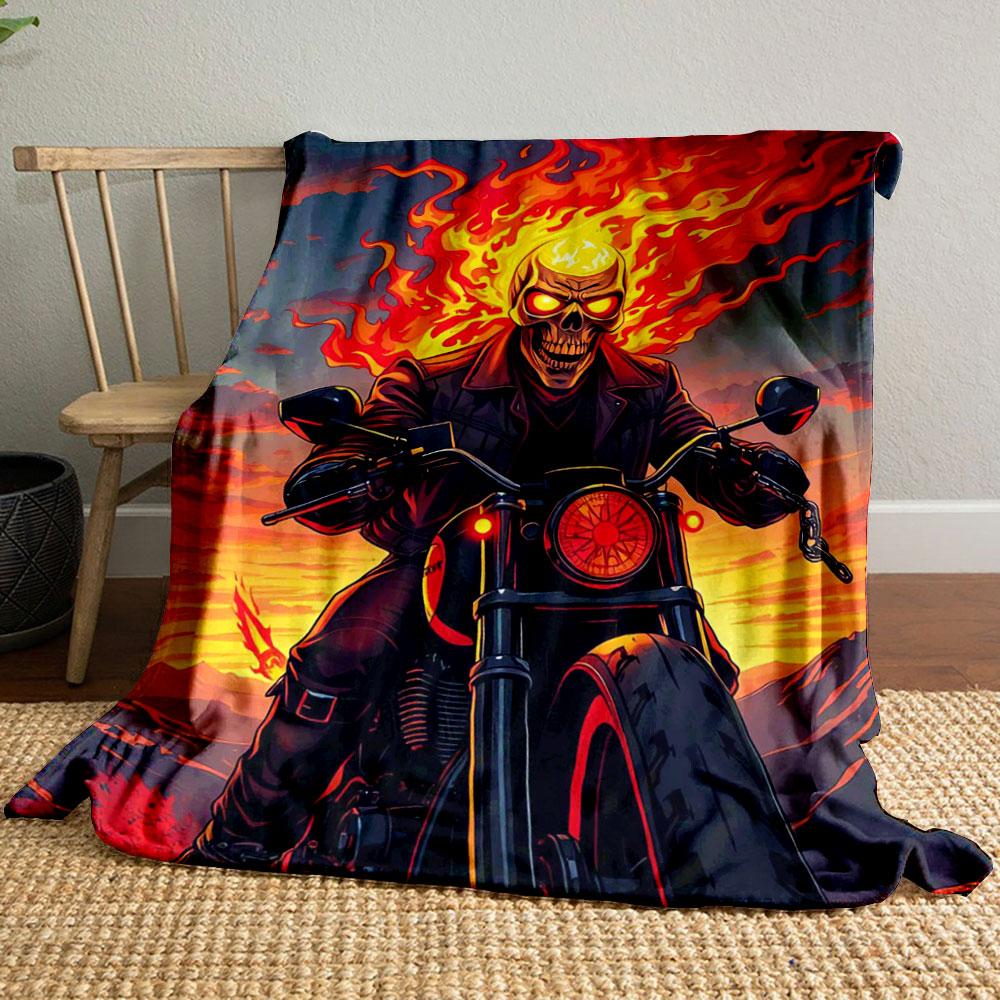 A fiery figure rides a motorcycle, surrounded by vivid flames and sunset. for all seasons blanket lunch break throw gift