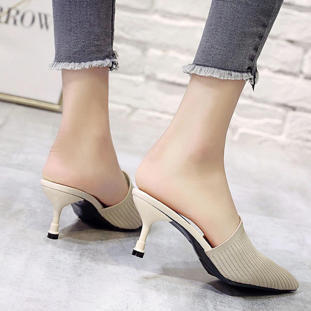 Sagit Женские тапочки на высоком каблуке Летние вязаные эластичные ткани с открытым носком Толстые сандалии