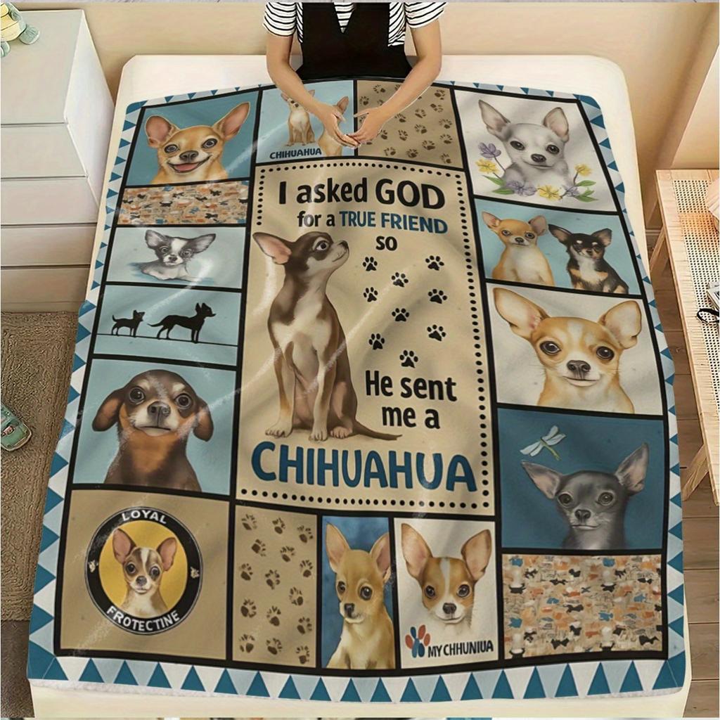 1pc of Cartoon Chihuahua Puppy Claw Print Blanket, Cute Puppy Spliced Light Flannel, Hypoallergenic Flannel Blanket Suitable for All Seasons