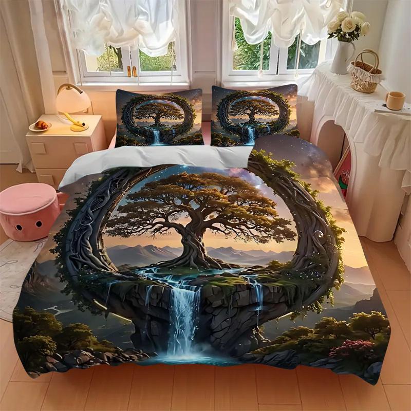 3pcs Fantasy Landscape with a Mystical Tree Quilt Set Soft and Comfortable Bedroom, Guest Room and Dorm Decor Bedding Set.J046