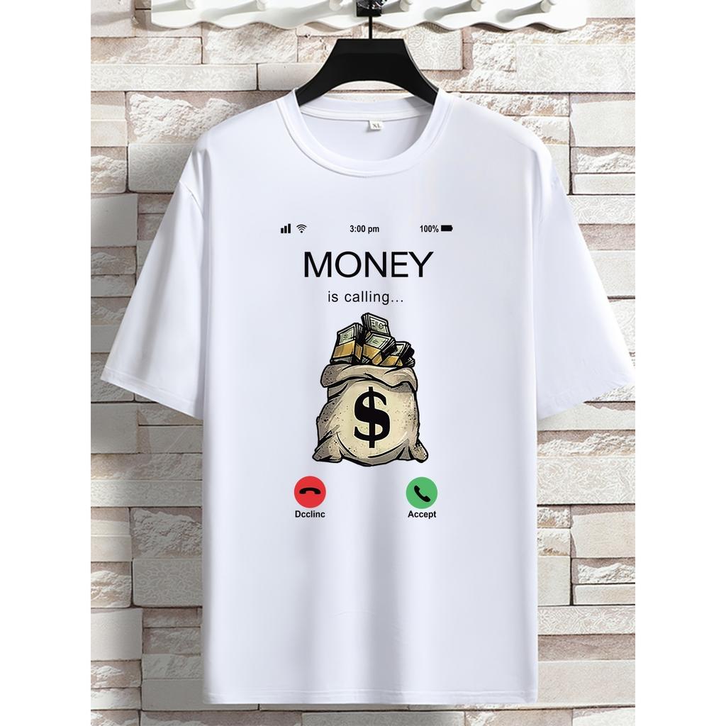 Графичная футболка 'Money Calling' Смешная хлопковая футболка с коротким рукавом и круглым вырезом для мужчин