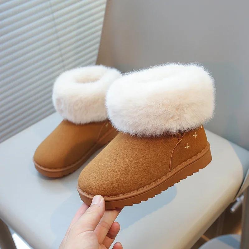 Детские пушистые ботинки для мальчиков и девочек, детские унисекс, термосапоги по щиколотку, толстые плюшевые, пушистые, теплые, на осень и зиму, для девочек, флоковая обувь
