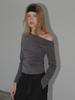 ETMON Oblique Neck Shirring T-Shirt, Charcoal