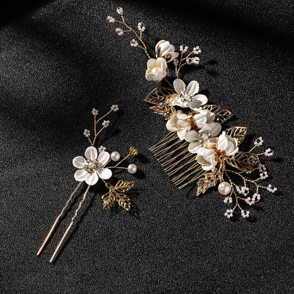Fashion Elegant Blue Flower Women Hair Combs Headdress Prom Bridal Wedding Hair Accessories Gold Leaves Hair Jewelry Hair Pins