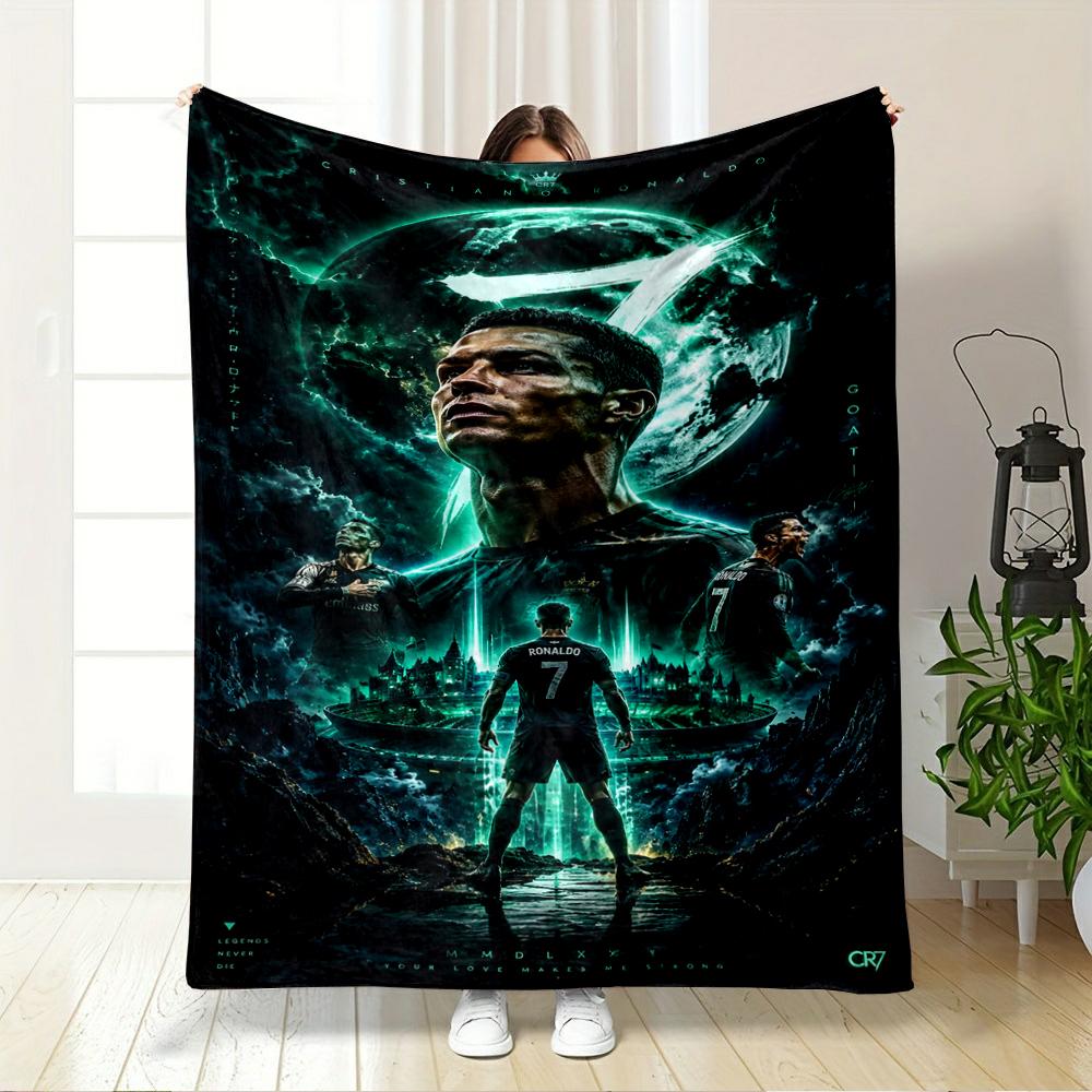 Green background Ronaldo printed Flannel blanket for bedroom, living room, sofa, and nap
