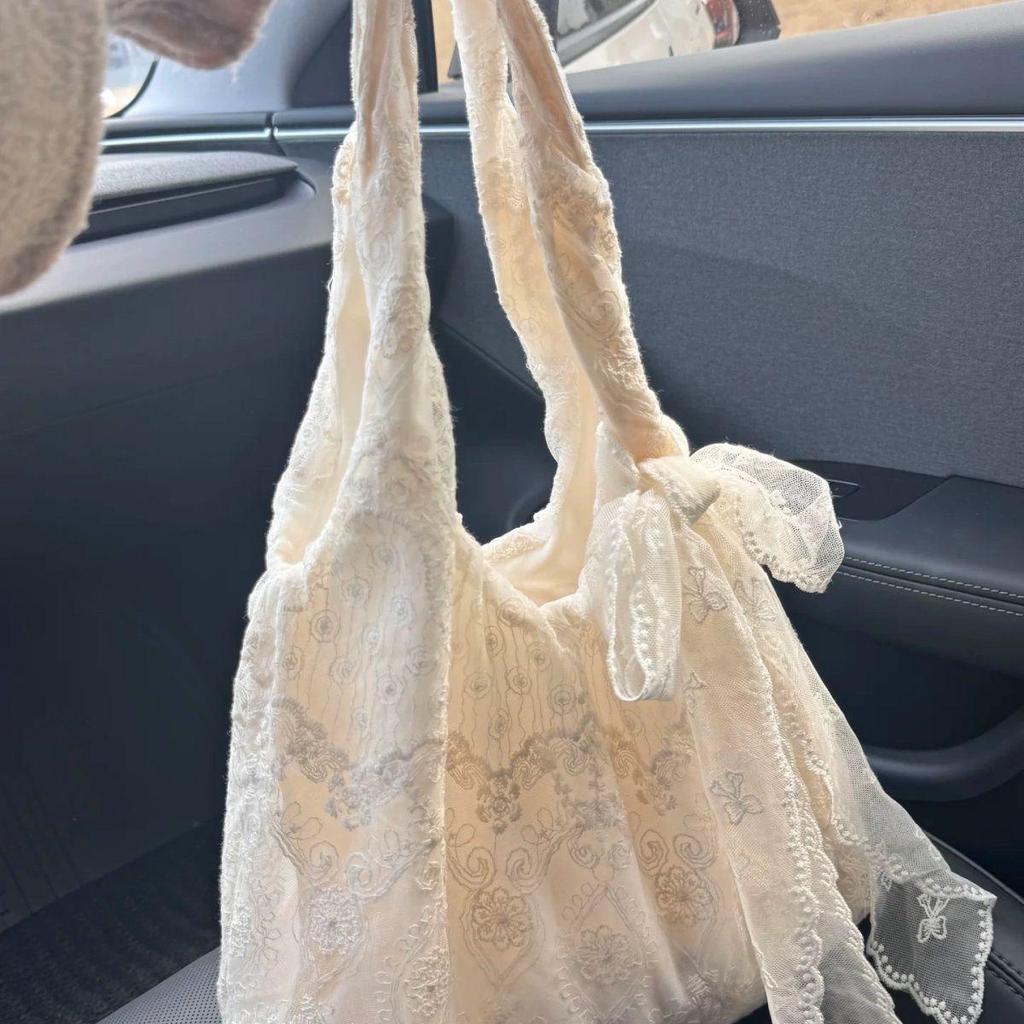 2025 Korean Style Floral Lace Canvas Tote - Women's Large Capacity Shoulder Bag for Commuting
