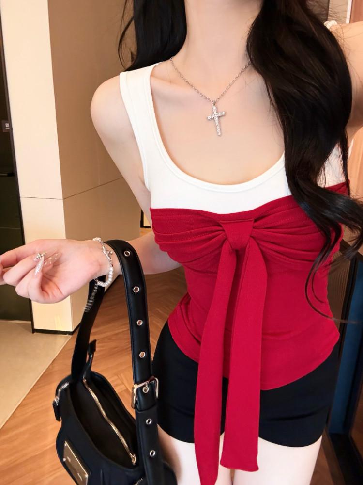 Women's Color-Block Camisole with Chest Pads, Bow Tie Design, for Spring and Summer.