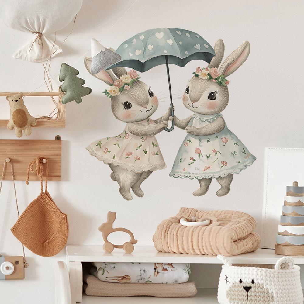 Cartoon-painted Little Rabbits Holding Umbrellas Bedroom Living Room Entrance Hall Home Beautification and Decoration Wall Stickers