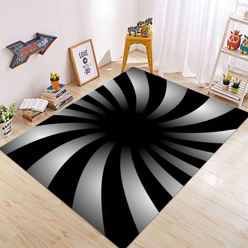 Black and White Intersecting Lines Optical Illusion Carpet Trap Area Anti Slip Square Living Room Short Plush Vortex Carpet
