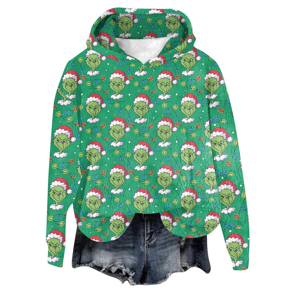 Women's Hooded Long Sleeve Christmas Printed Flannel Top Hooded Sweatshirt