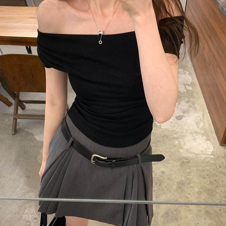 Solid Color Summer Spring Women One Shoulder Short Sleeved Shirt Slim Oneck Blouses Pullover Tight Short Top Sxxl