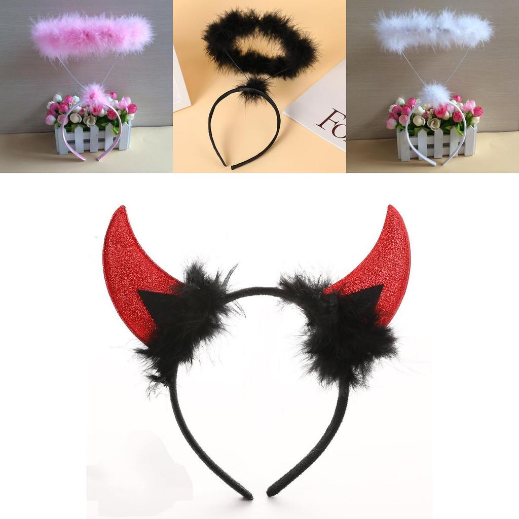 Повязка на голову для Хэллоуина и Рождественской вечеринки с белым пером, рожками ангела и демона, для костюма и праздничного декора