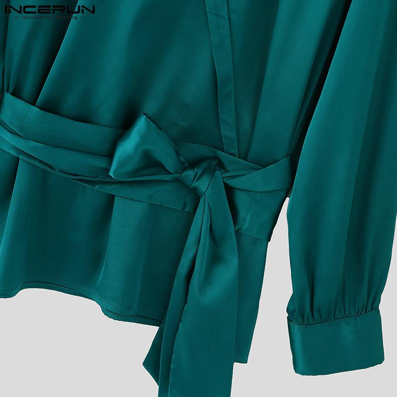 INCERUN Men V Neck Satin Shirts Solid Bandage Casual Party Tops