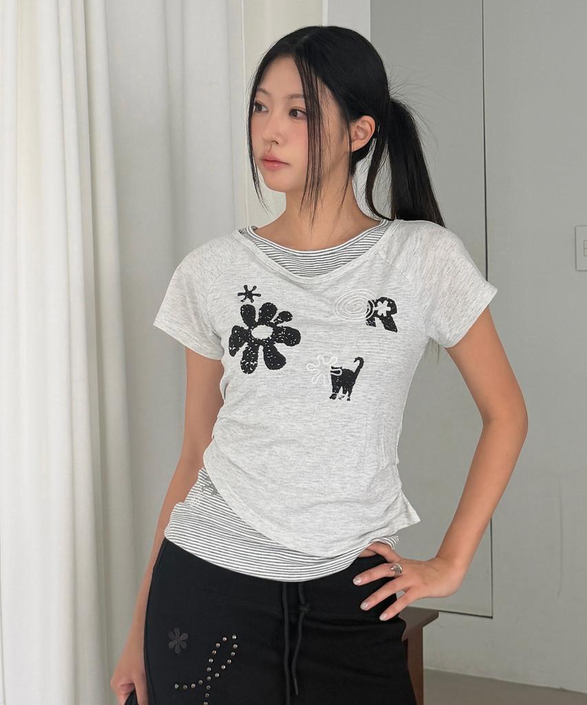 LMR Motif Embroidered Striped Layered T-Shirt (Short Sleeve/Long Sleeve) Light Grey