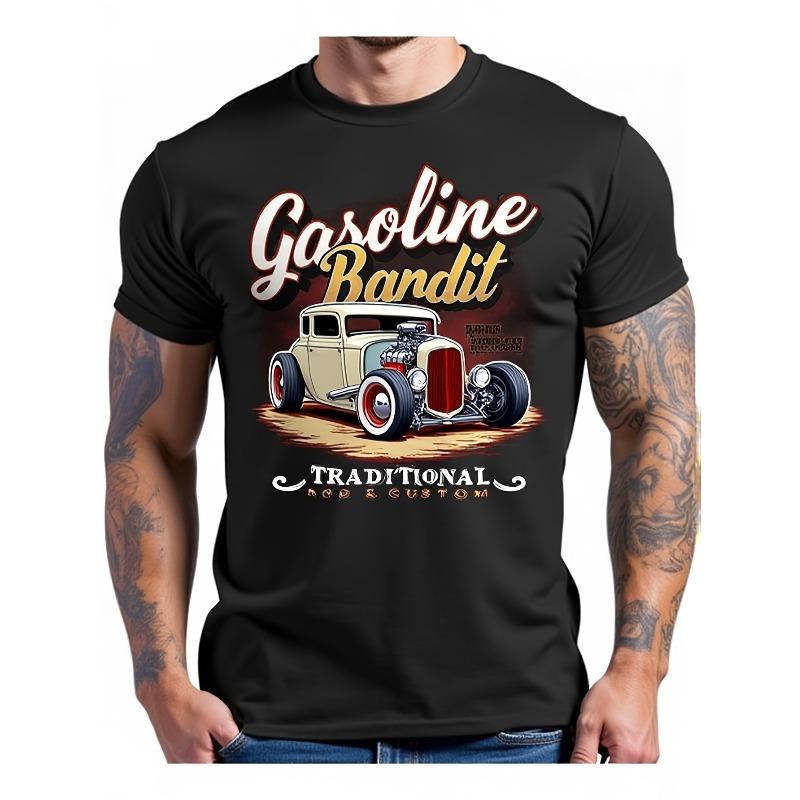 Мужская футболка Hot Rod Винтажный дизайн автомобиля Бензиновый Бандит Графика Стиль Ретро Америка Мягкая с коротким рукавом с круглым вырезом