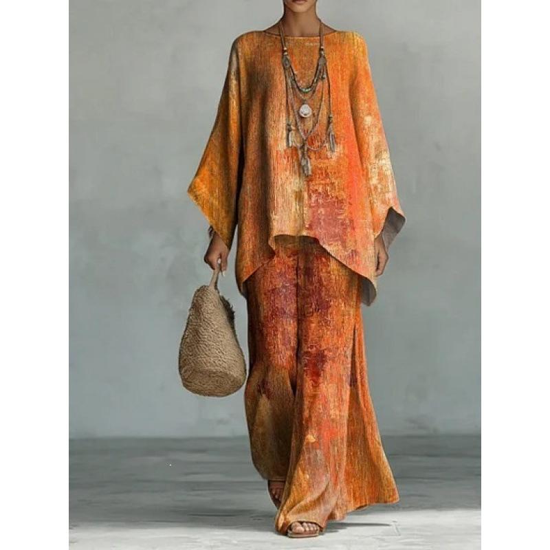 1116 New retro bohemian cashew flower set, crew neck flared sleeve top + two pieces of wide-leg pants.