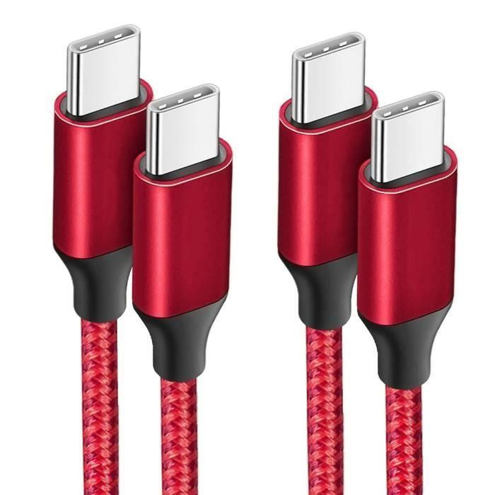 2 Câble USB-C vers USB-C pour OPPO Reno 8 Pro Find X3 X5 Lite A16 A53 A53S A54 A94 - Nylon Renforcé 1 Mètre Rouge