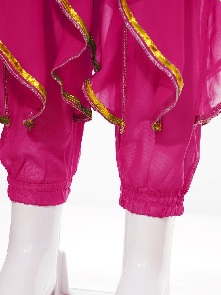 Костюм для танца живота для девочек, комплект из 4 предметов, укороченный топ со шнуровкой сзади, рукава-фонарики, брюки с оборками, шарф на бедрах и платок на голову