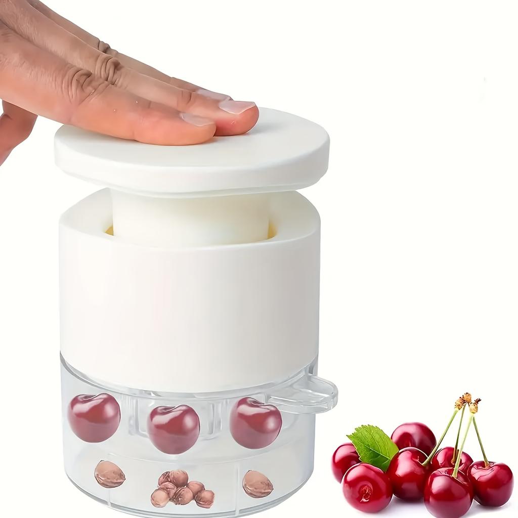 1pc Press To Remove Cherry Pitter , Efficiently Removes Pits from 7 Cherries At Once, White/Black Kitchen Gadget with Clear Container