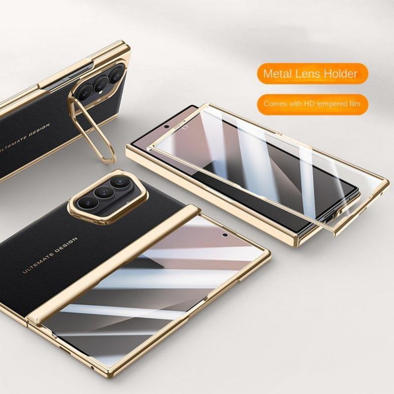 Гальванизированный чехол из гладкой кожи на пружинных петлях для Samsung Galaxy Z Fold 7, всесторонняя защита, задняя крышка из закаленного стекла