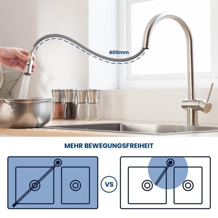 Mitigeur de Cuisine - CECIPA - Douchette Extractible - Acier Inoxydable Brossé - Rotatif 360° - 2 Modes de Jet