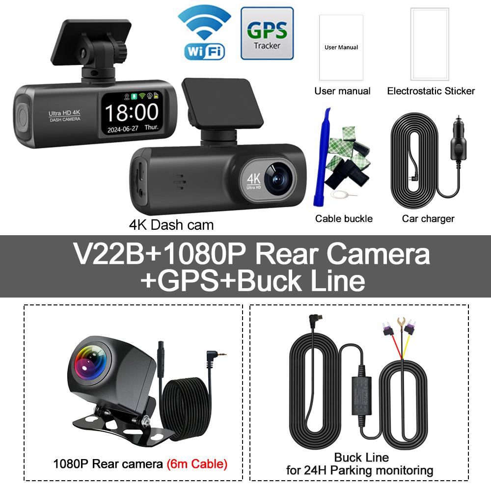 4K Ultra HD Dual Lens Auto Dash Recorder, Super Wide Angle Night Vision, Front Rear Recording with WiFi & Built-in GPS Module
