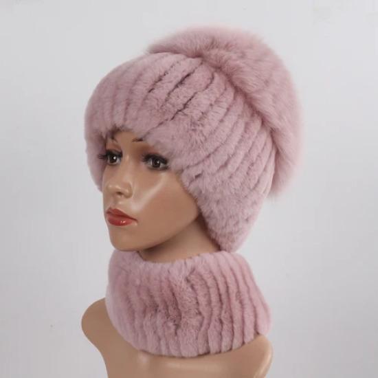 2 предмета Шапка-шарф из натурального меха кролика рекс Вязаная шапка-шарф из натурального кроличьего меха для женщин Зимняя роскошная теплая шапка из меха лисы Муфта