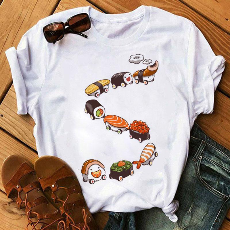 Милые женские футболки с принтом суши, летний топ Y2K с коротким рукавом, женская футболка с рисунком в стиле Харадзюку, повседневная одежда больших размеров
