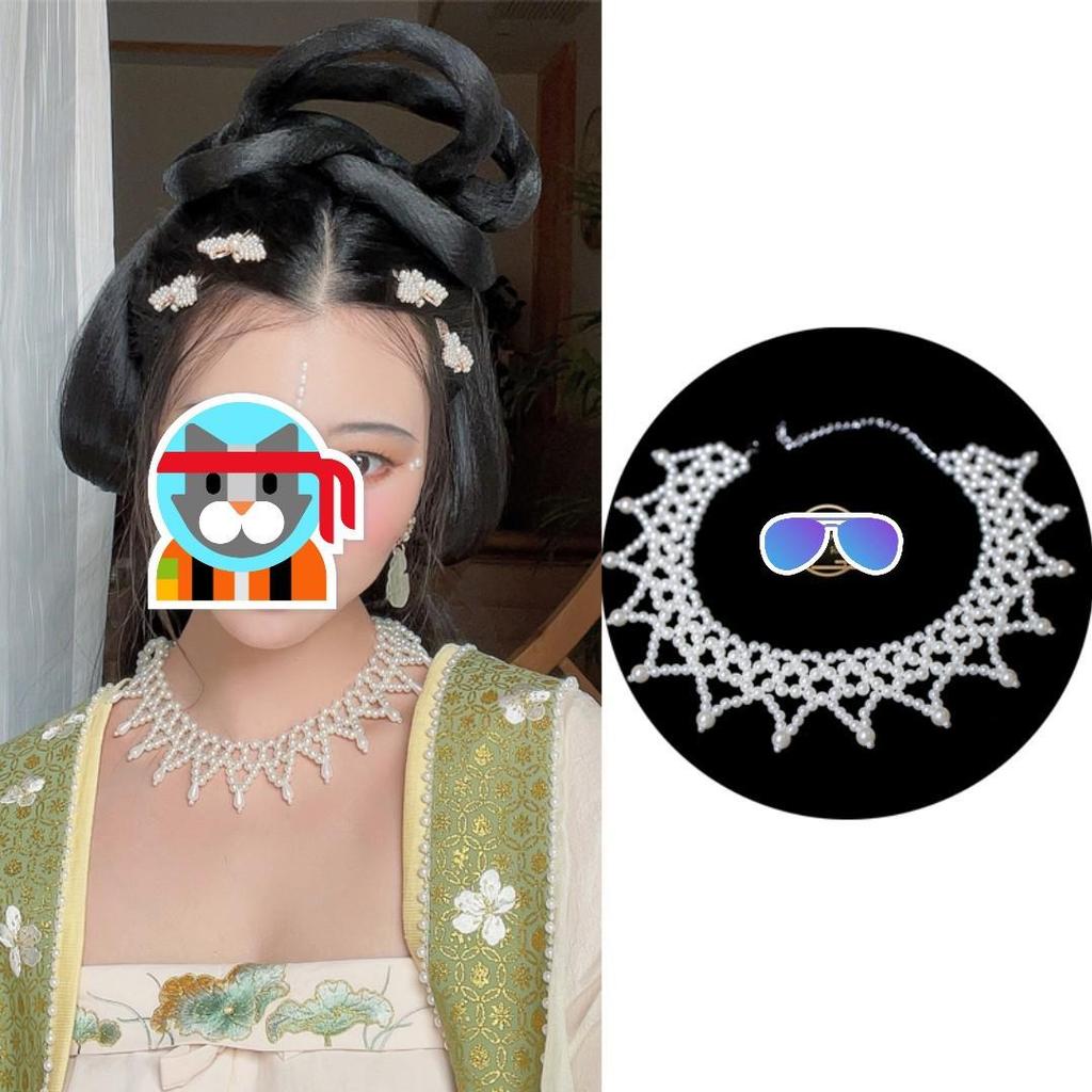 Ancient Style Imitation Pearl Yingluo Necklace & Stand-Up Collar with Forehead Ornament