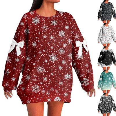 Женский рождественский пуловер с принтом и бантом, с круглым вырезом, длинными рукавами, свободного кроя