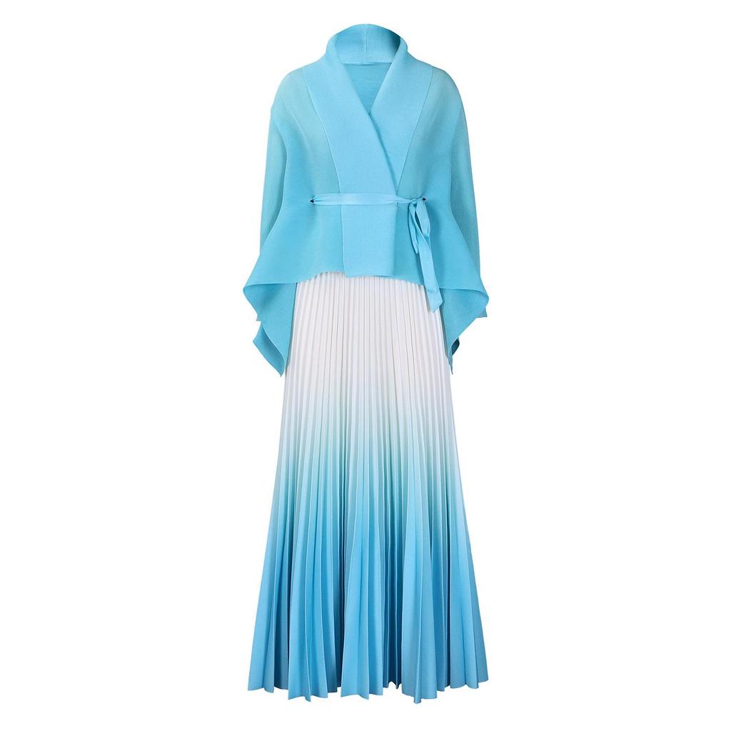 European & American Fashion Pleated Top and Gradient Swing Skirt Two-Piece Set
