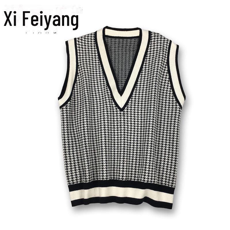 Women's Houndstooth V-Neck Plaid Sweater Vest - Layered, Sleeveless, Loose Fit for 2025