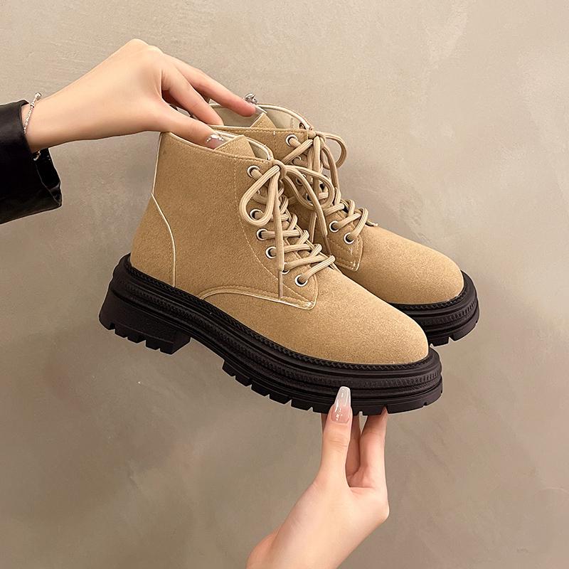 Женские ботинки 2024 Осень Новые Кожа Замша Массивные Женские Короткие Ботинки Британский Стиль Женские Мотоциклетные Ботинки Размер36-42