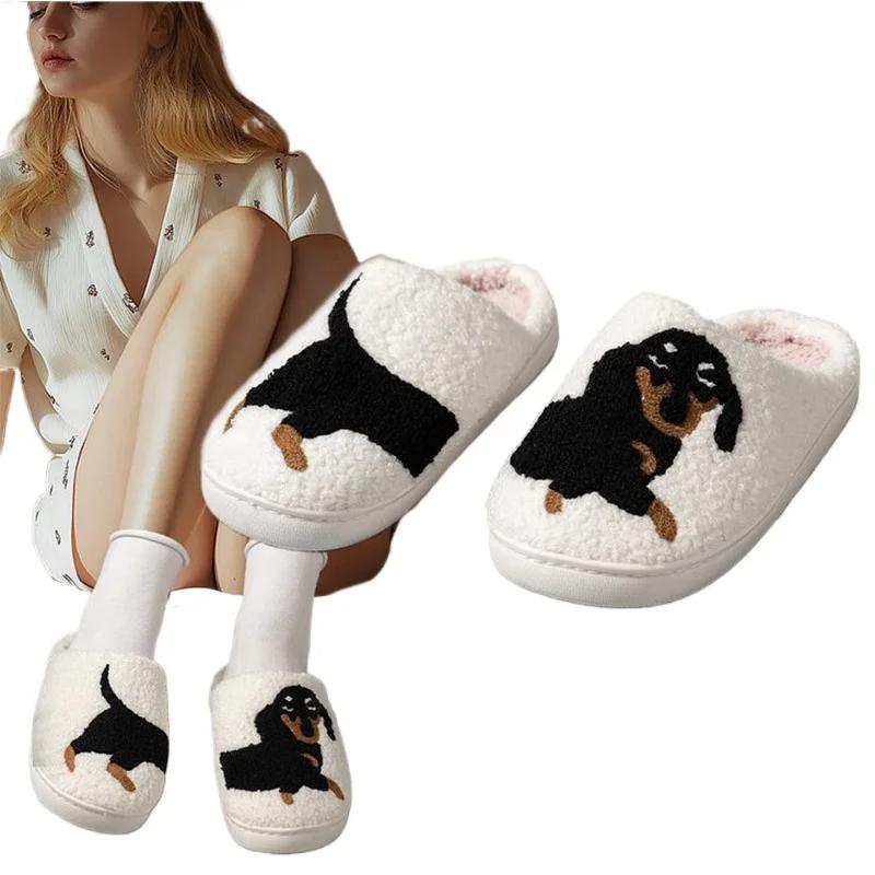 Мода 2024 года, новые домашние тапочки с рисунком таксы и вышивкой, мягкие, на толстой подошве, в клетку, из хлопка, милые, теплые, нескользящие, домашние тапочки