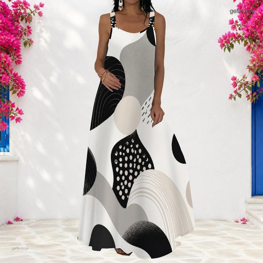 Women Plus Size Scoop Neck Strappy Sleeveless Black White Floral Printed A Line Long Dress