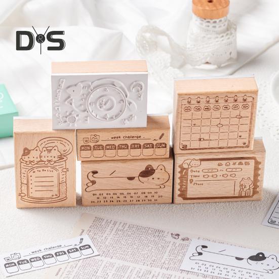 Cartoon Cat Planner Stamp DIY Scrapbooking Weekly Monthly Schedule Planning Time Clock Calendar Daily To-do-list Decorative Wooden Stamp Blocks
