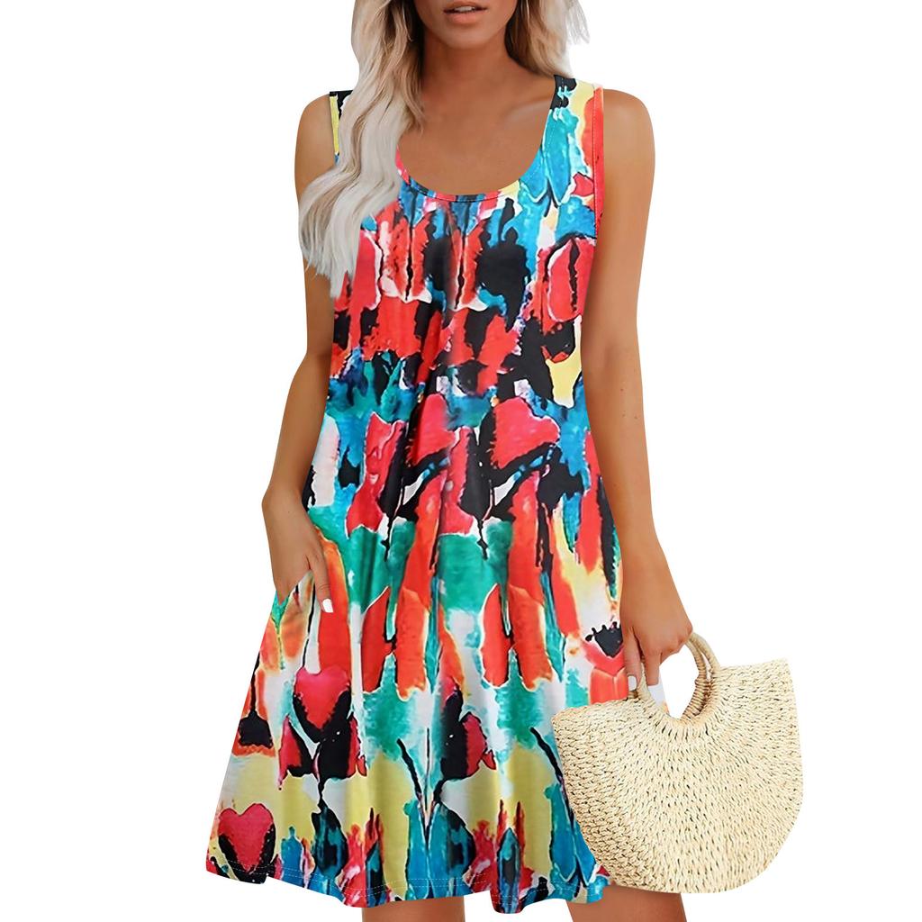 Женские летние платья, свободные сарафаны без рукавов с U-образным вырезом и карманами